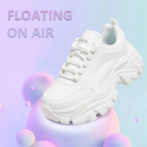 Women White Chunky Platform Dad Black Casual Lace-Up Walking  Sneaker - Picture 5 of 7